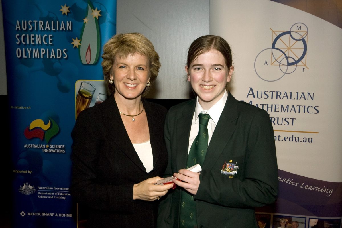 Kathryn Zealand being congratulated by The Hon Julie Bishop, then Minister for Education Science and Training, at the 2007 Australian Olympiad Team Announcement ceremony.